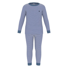 Blue striped pajama set on a white background