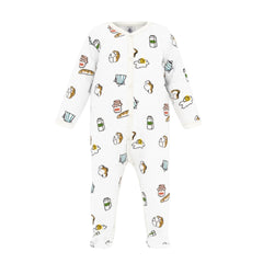 A front view of the Petit Bateau long-sleeve baby romper with a fun breakfast-themed print.