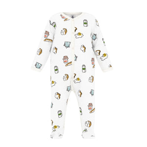 A front view of the Petit Bateau long-sleeve baby romper with a fun breakfast-themed print.