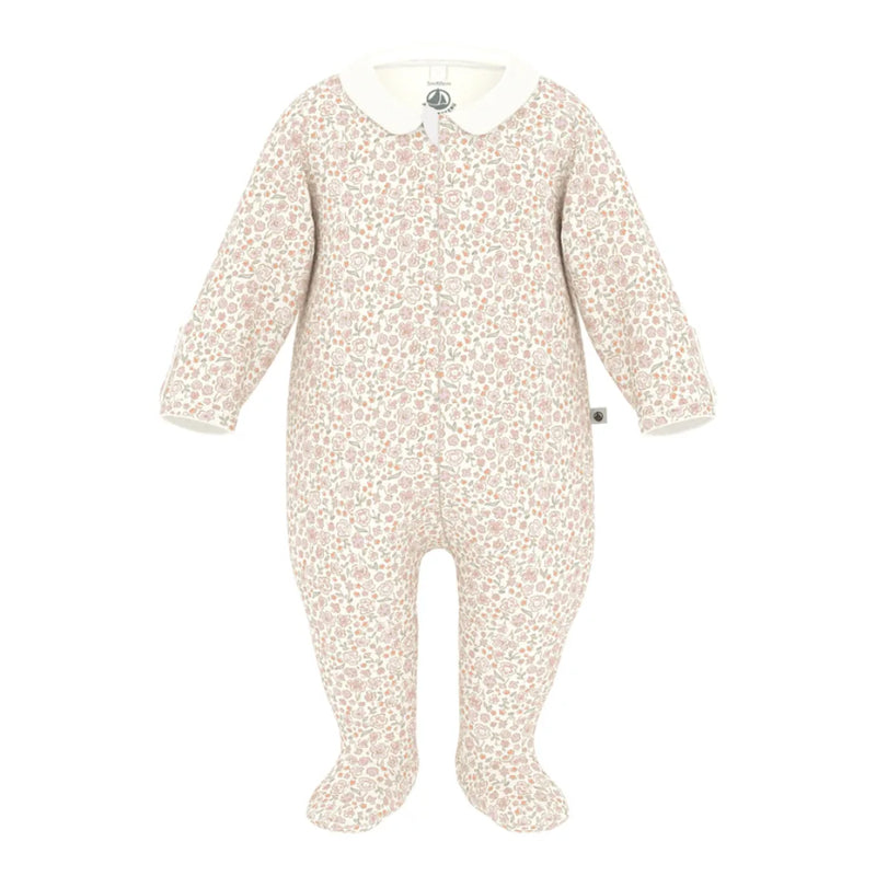 A breathtaking Petit Bateau baby footie featuring an immaculate multi-color floral print, an elegant collar, and a convenient front zip closure.