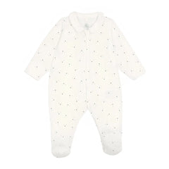 A breathtaking Petit Bateau Front Zip Footie featuring an immaculate white multi-color print, a refined collar, and a cozy footed silhouette.