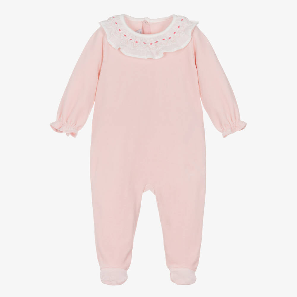 Petit Bateau Baby Girls Pink Velour Sleepsuit with White Smocked Ruffle Collar