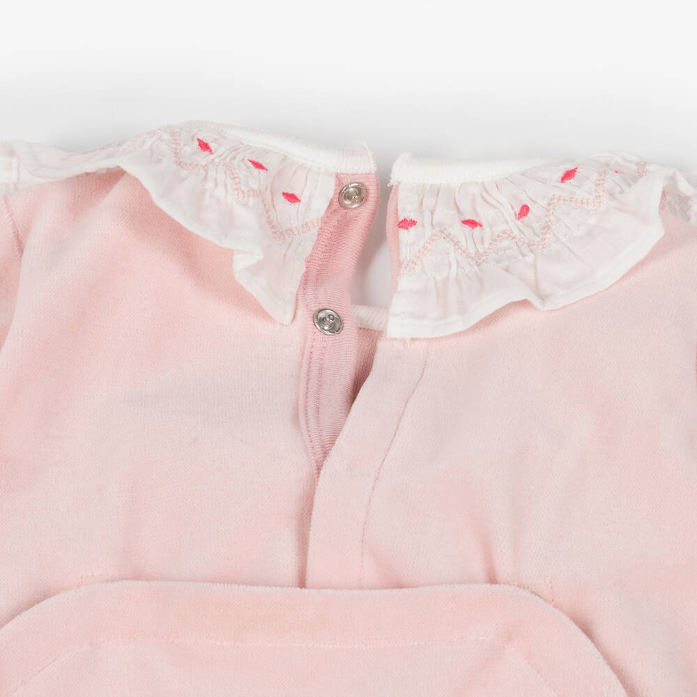 Petit Bateau Baby Girls Pink Velour Sleepsuit with White Smocked Ruffle Collar