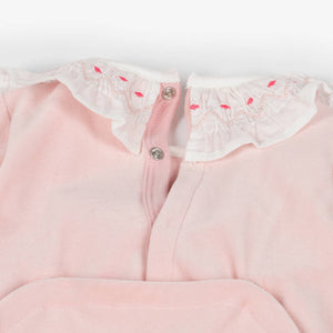 Petit Bateau Baby Girls Pink Velour Sleepsuit with White Smocked Ruffle Collar