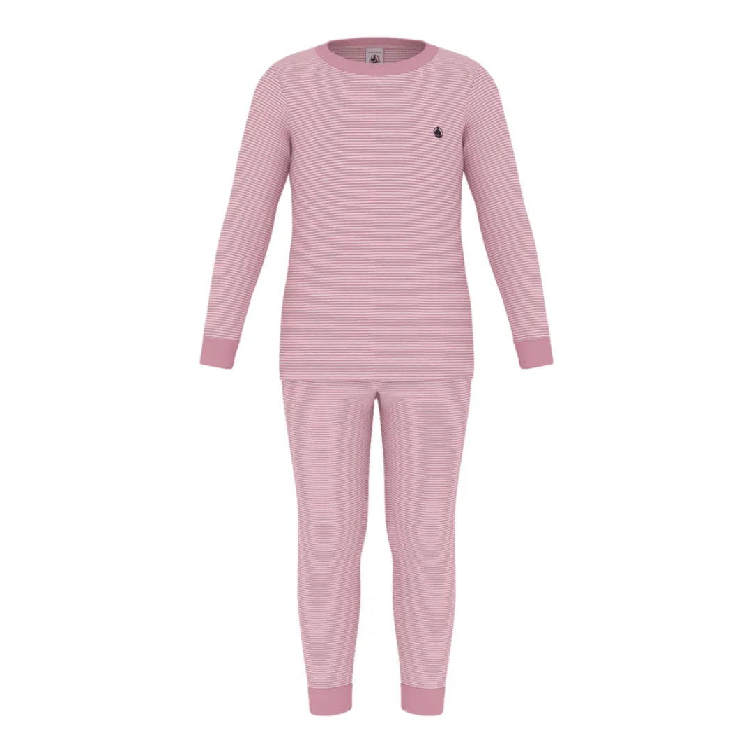 Pink striped pajama set on a white background