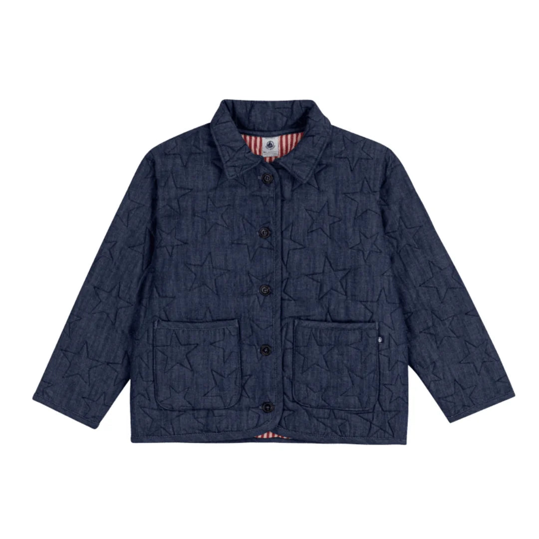 A breathtaking Petit Bateau kid's denim jacket featuring an immaculate blue wash, classic tailored collar, and luxurious quilted detailing.