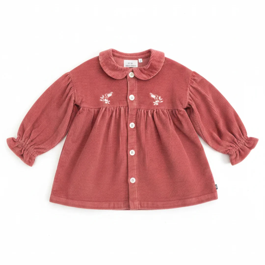 Red corduroy dress with floral embroidery on a white background