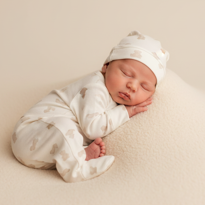 Newborn baby sleeping on a beige blanket wearing a matching outfit and hat.