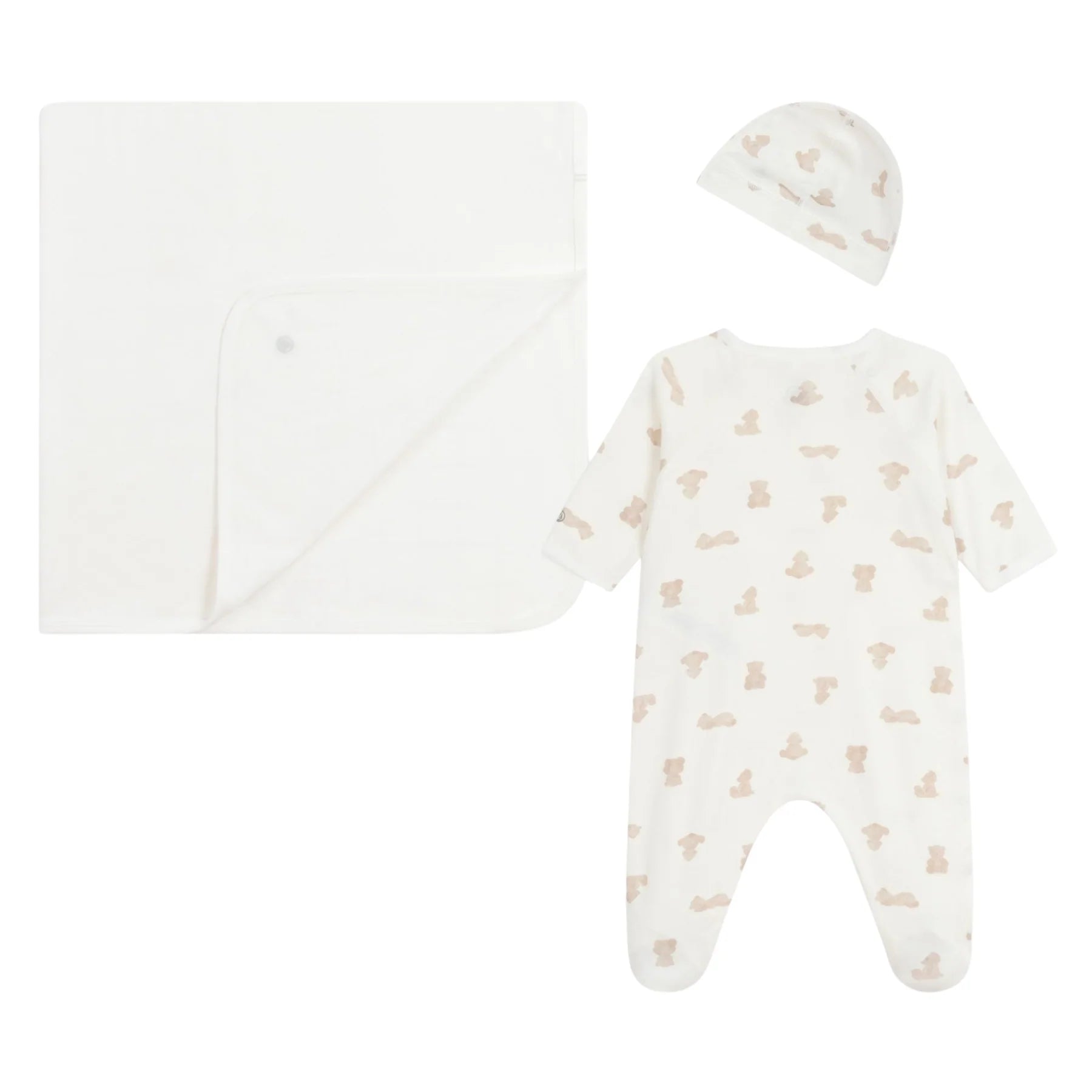 Baby clothing set with onesie, hat, and blanket on a white background