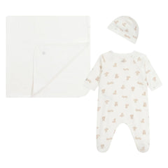 Baby clothing set with onesie, hat, and blanket on a white background
