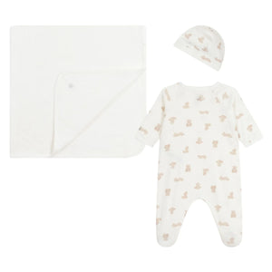Baby clothing set with onesie, hat, and blanket on a white background