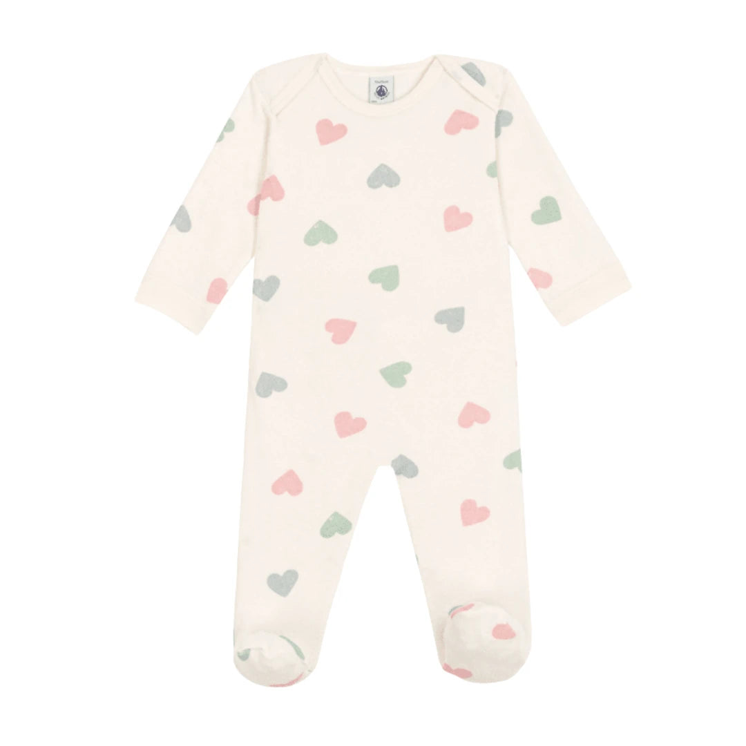 petit bateau footie, terry baby sleeper, multi heart print baby pajamas, back snap footie, luxury baby girl clothes, newborn terry sleep and play.