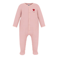 A breathtaking Petit Bateau Velour Footie featuring an immaculate pink palette, delicate heart detailing, and seamless front snap closures.