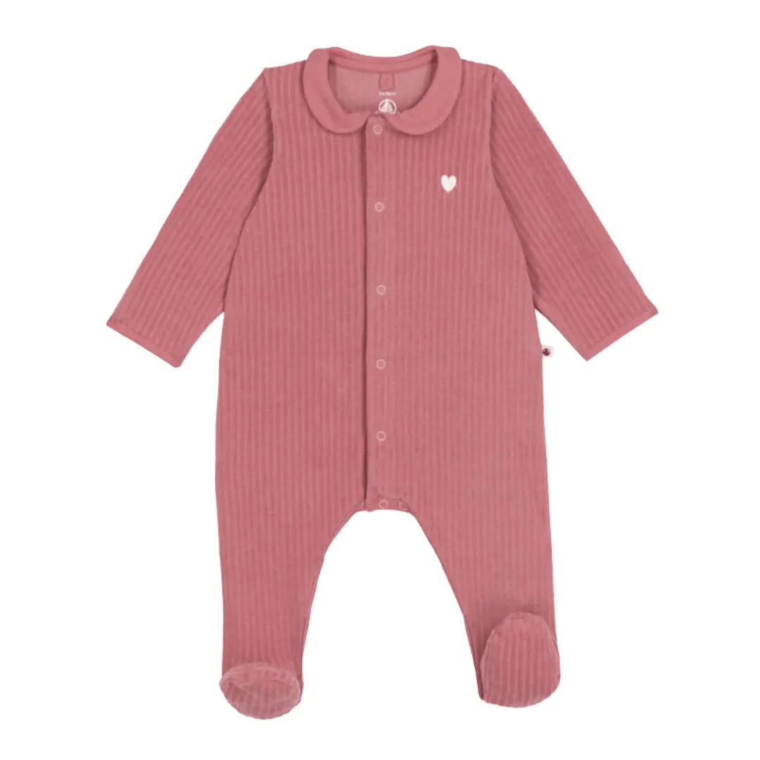 A breathtaking Petit Bateau Velour Footie featuring a rich raspberry palette, delicate heart detailing, and a cozy footed silhouette.