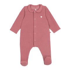 A breathtaking Petit Bateau Velour Footie featuring a rich raspberry palette, delicate heart detailing, and a cozy footed silhouette.
