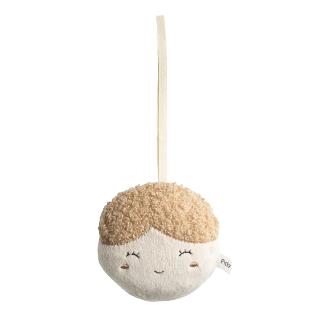 Plush toy with a face and blonde hair on a white background