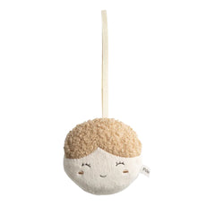 Plush toy with a face and blonde hair on a white background