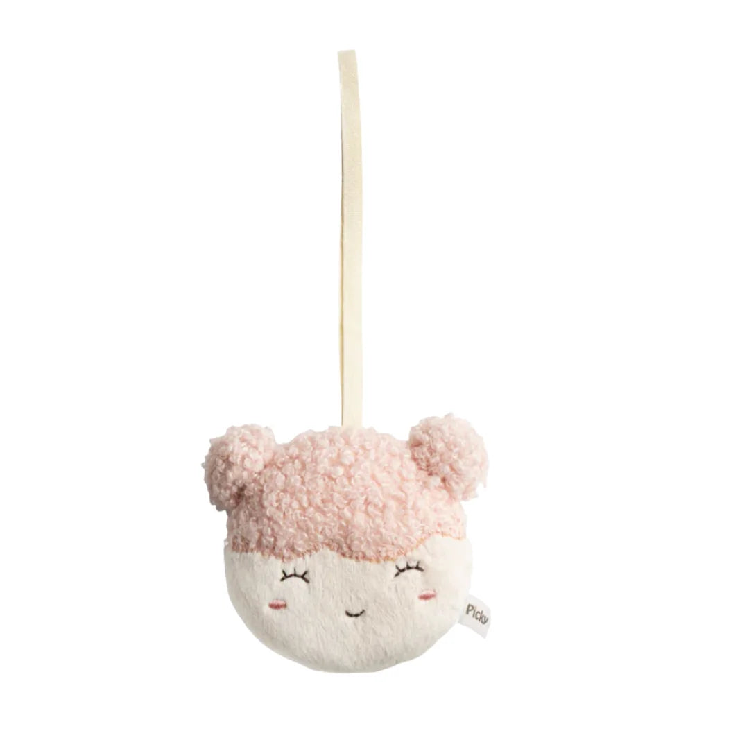 Plush toy with pink hat and face on a white background