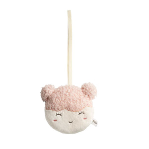Plush toy with pink hat and face on a white background