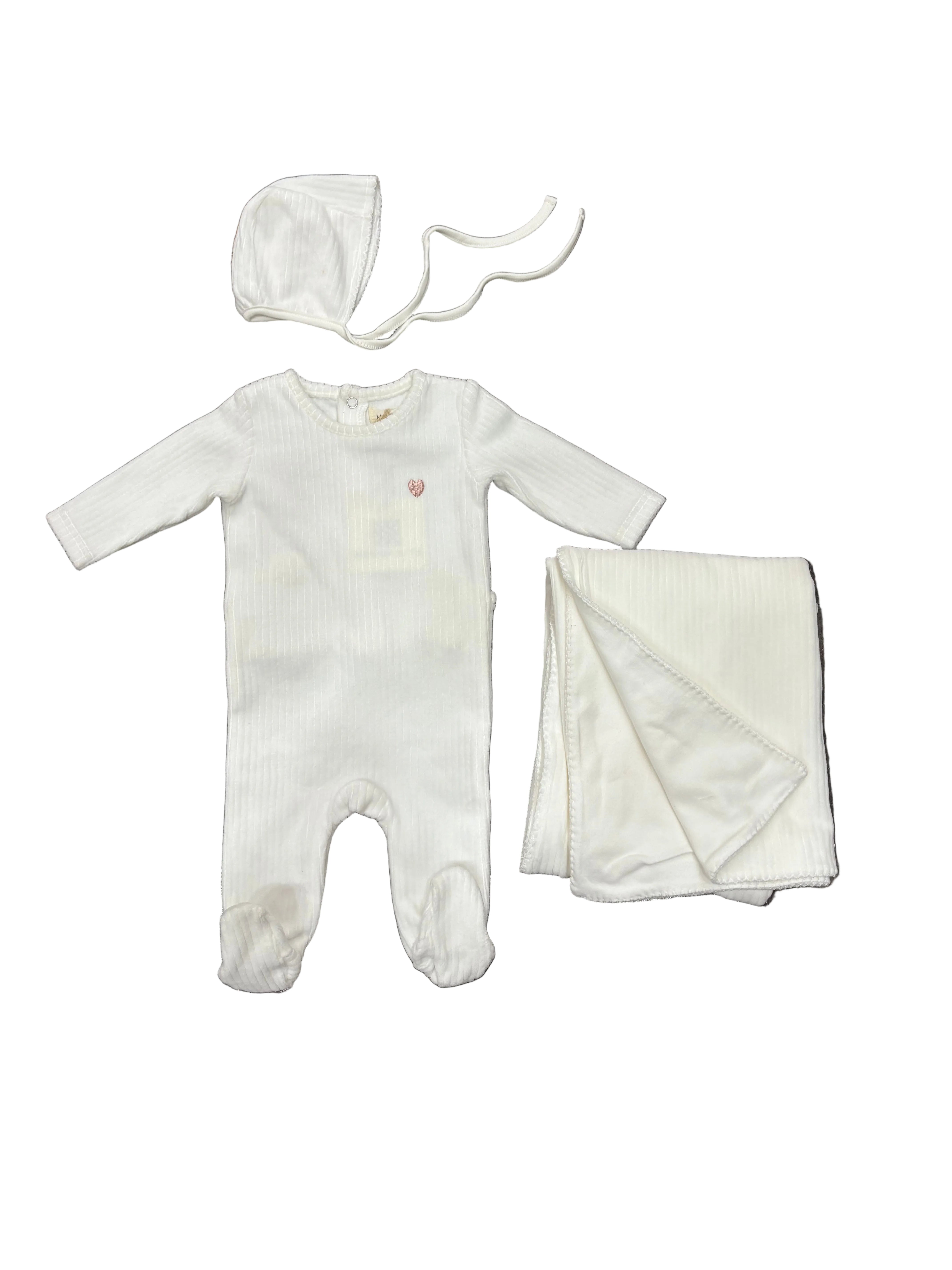 Mema Knits White/Rose Heart Ribbed Velour Emb 3 Pc Set