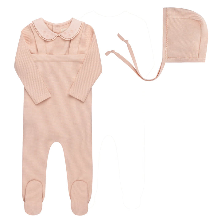 Ely's & Co Pink Embroidered Collar Bodysuit + Overall + Bonnet