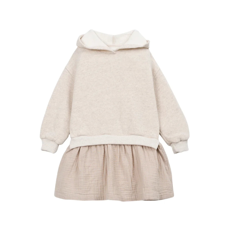 A front view of the Play Up mixed dress in beige.