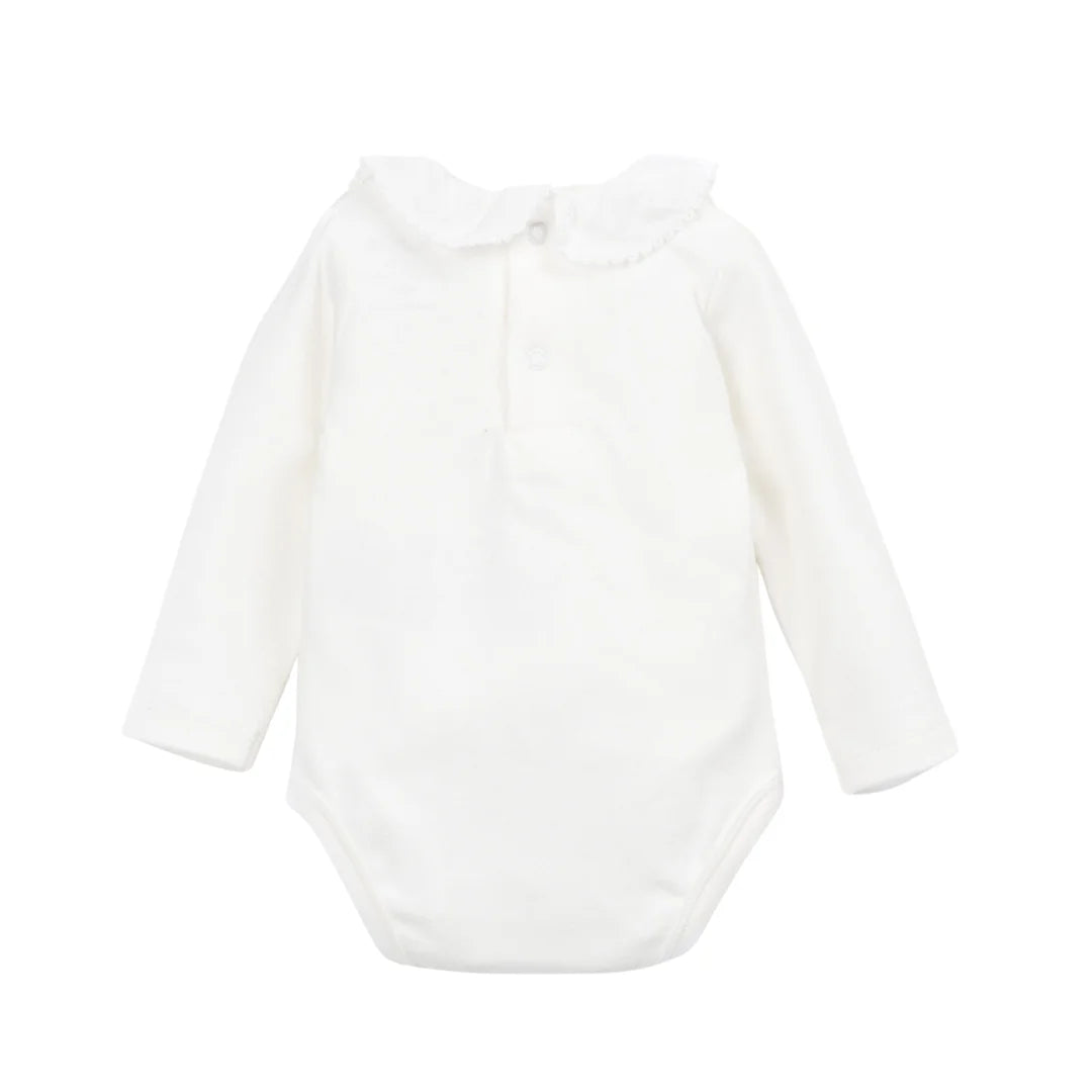 The clean back view highlighting the comfortable infant bodysuit silhouette.