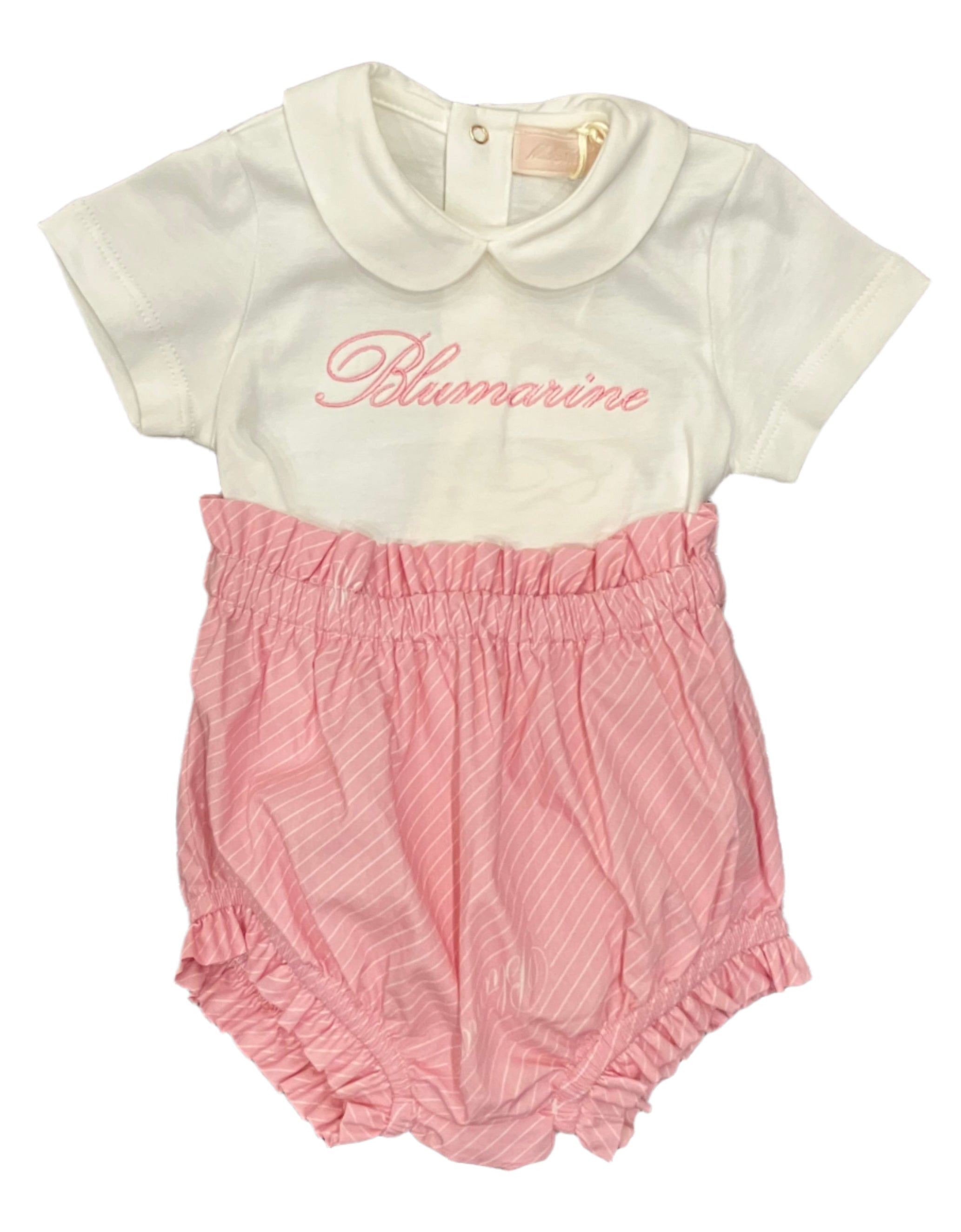 Miss Blumarine White Rhinestone Bodysuit with Pink Stripe Shorts