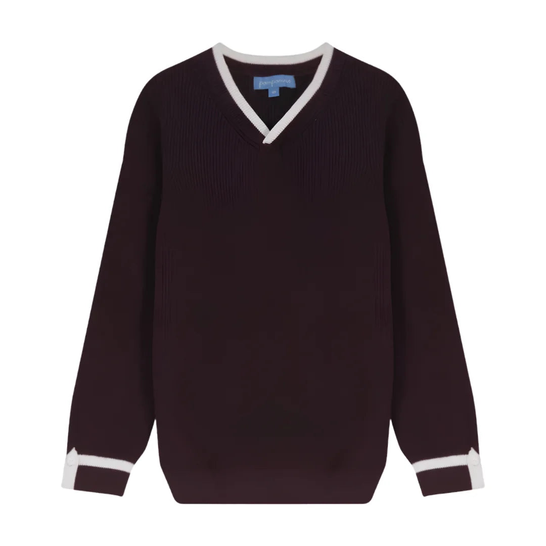 A front view of the Pompomme cocoa button loop detail sweater.