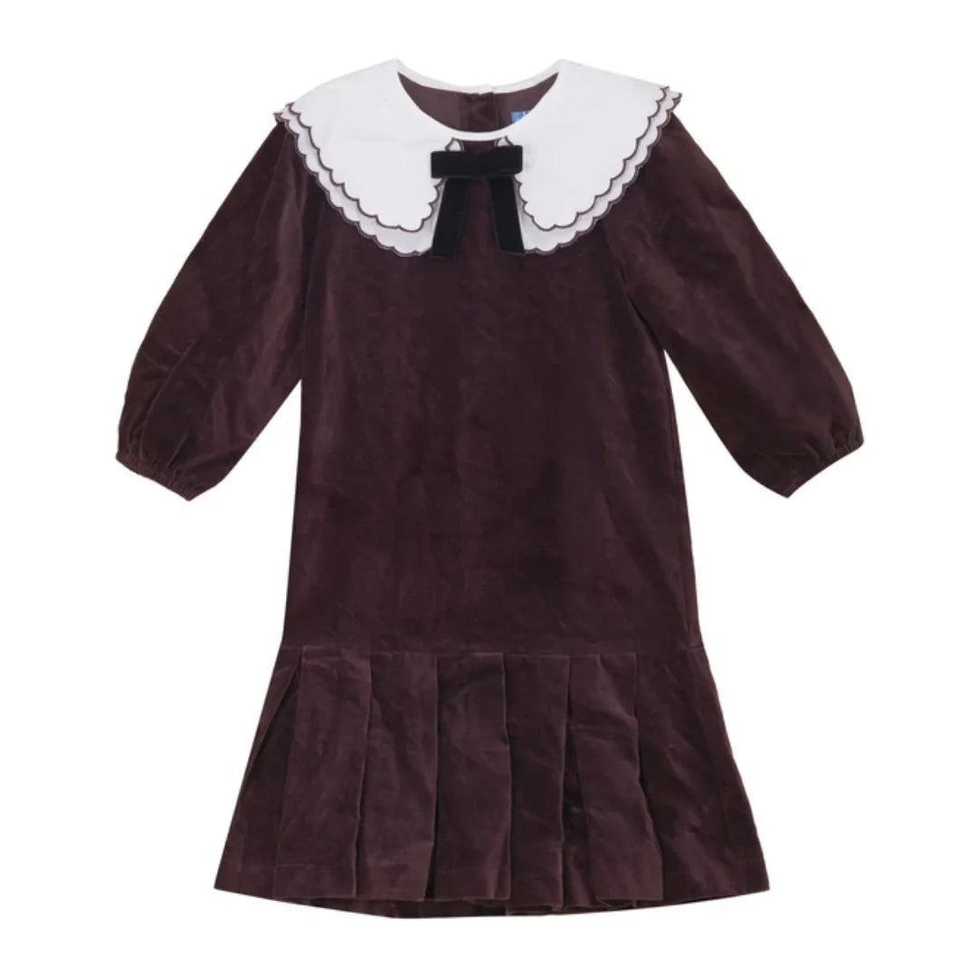 front view of the Pompomme cocoa scallop collar shirt dress.