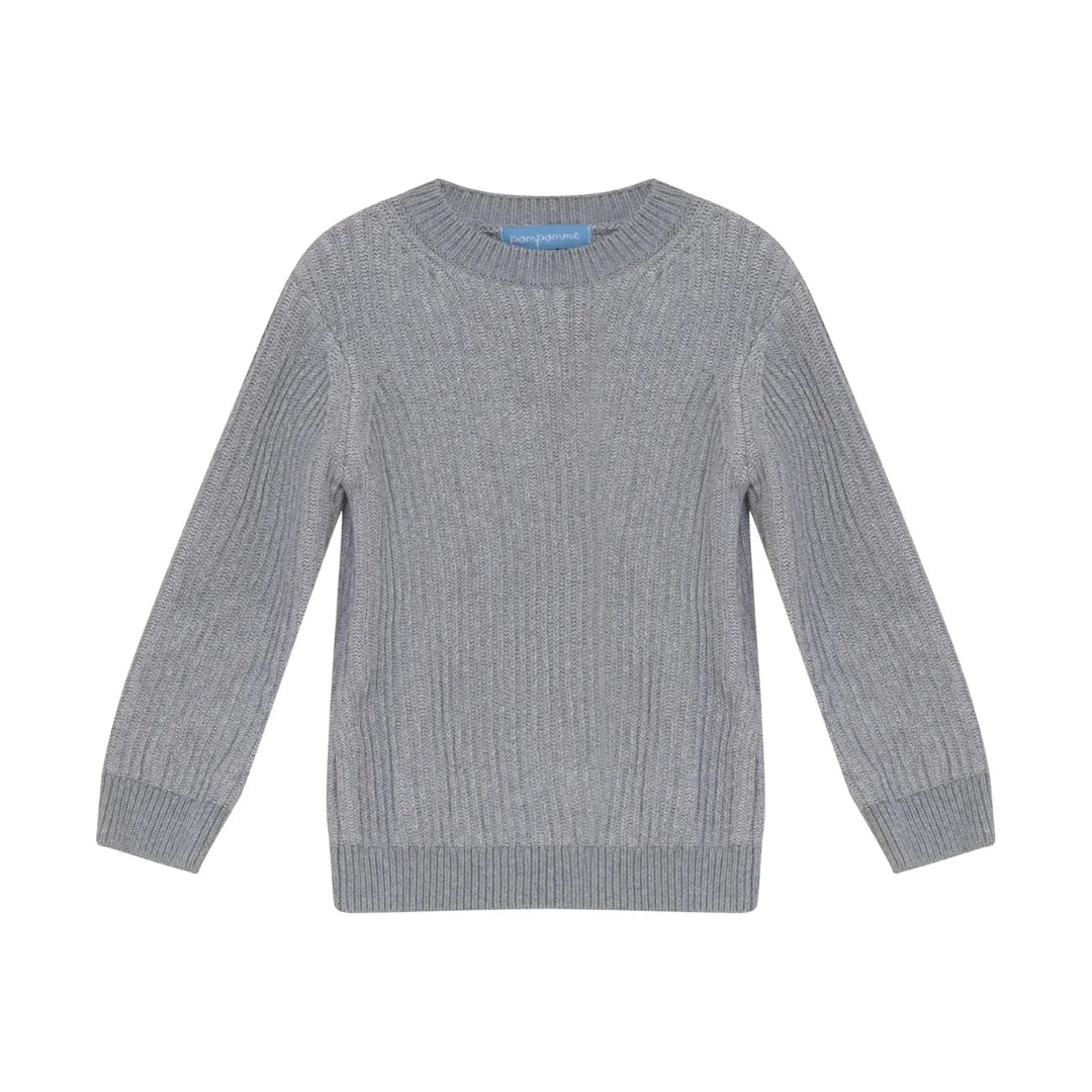 A front view of the Pompomme grey knit mockneck sweater.