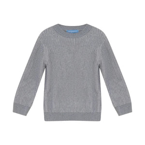 A front view of the Pompomme grey knit mockneck sweater.