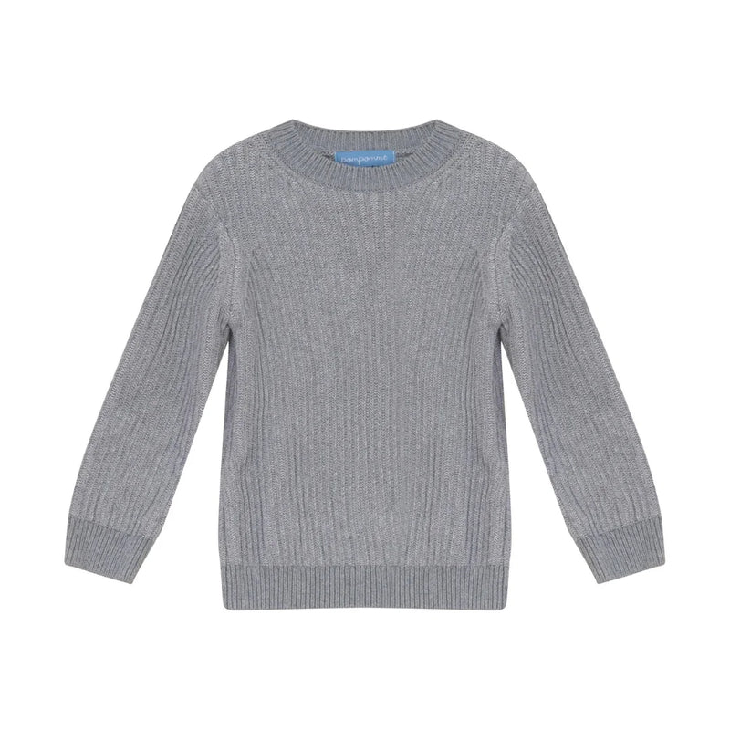 A front view of the Pompomme grey knit mockneck sweater.
