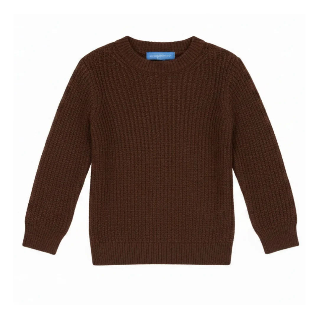 A front view of the Pompomme brown knit baby mockneck sweater.