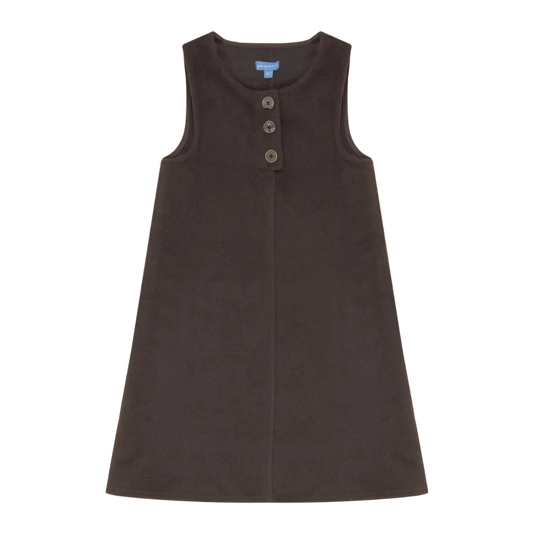 A front view of the Pompomme brown wool knit baby dress set with placket detail.
