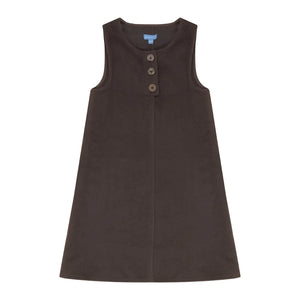 A front view of the Pompomme brown wool knit baby dress set with placket detail.