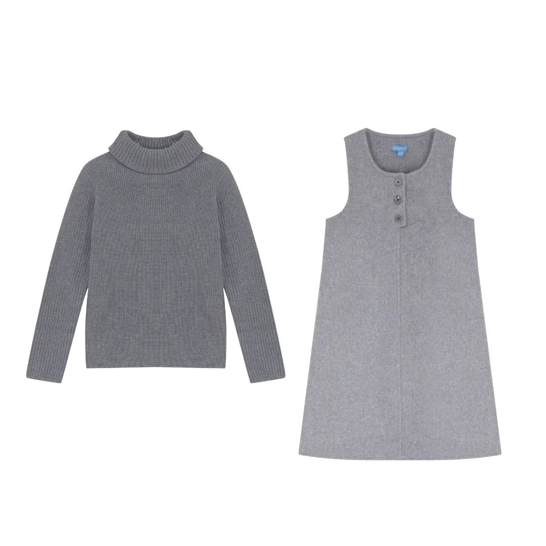 A front view of the Pompomme grey wool knit baby dress set with placket detail.