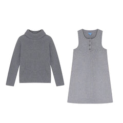 A front view of the Pompomme grey wool knit baby dress set with placket detail.