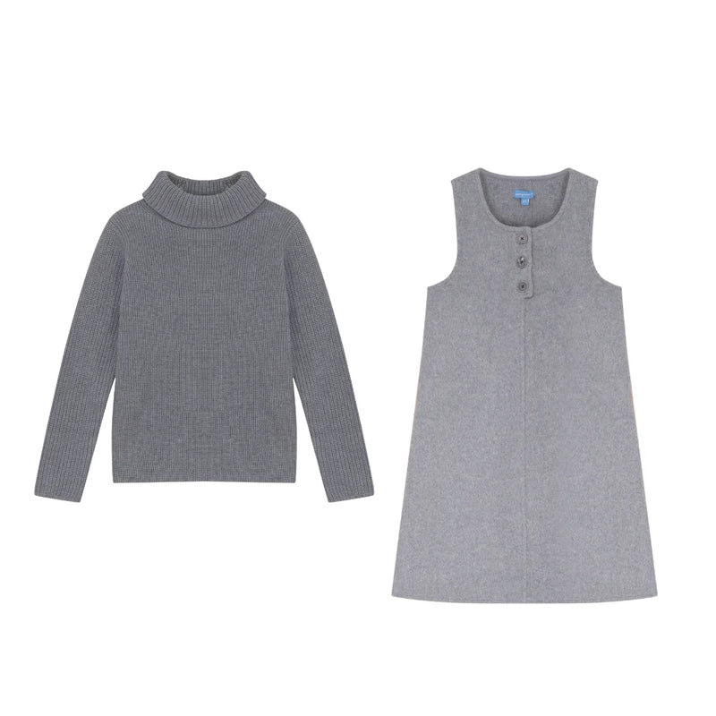 A front view of the Pompomme grey wool knit baby dress set with placket detail.