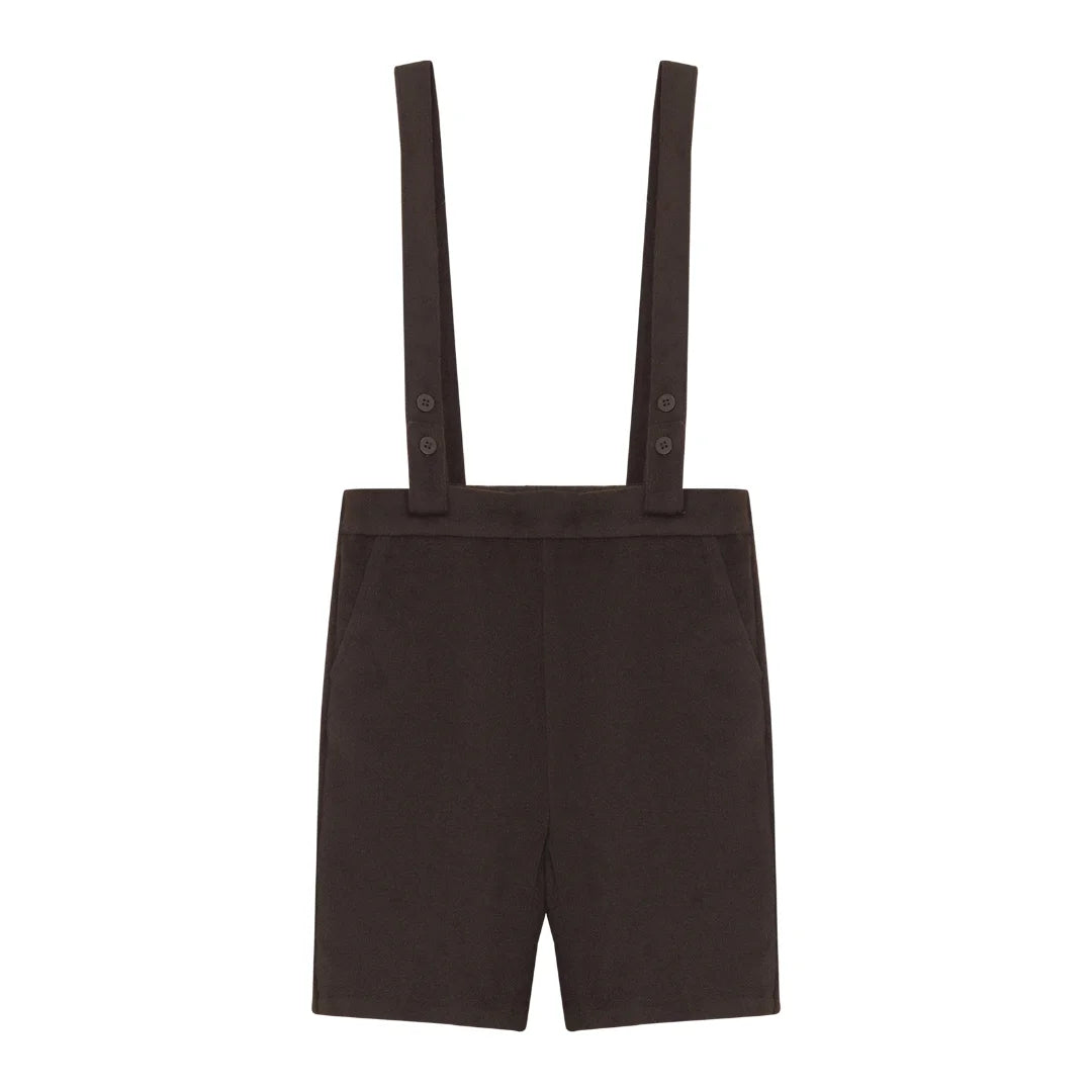 A front view of the Pompomme brown wool knit baby bermuda shorts set.