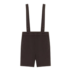 A front view of the Pompomme brown wool knit baby bermuda shorts set.