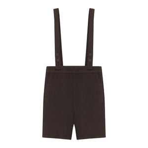 A front view of the Pompomme brown wool knit baby bermuda shorts set.