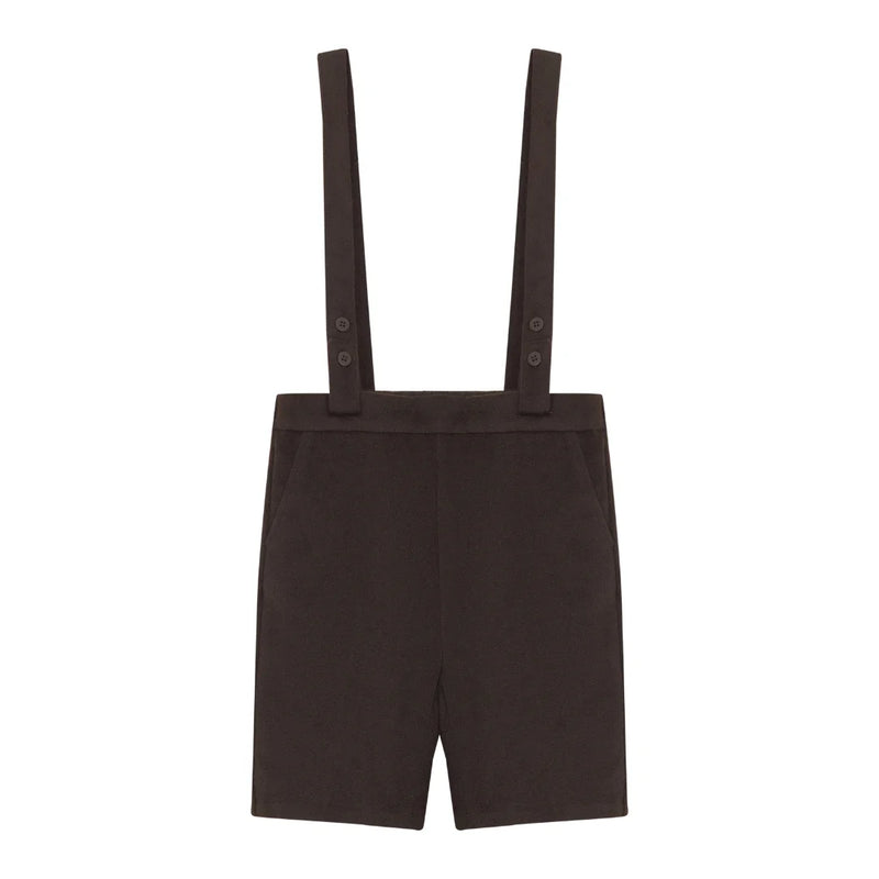 A front view of the Pompomme brown wool knit baby bermuda shorts set.