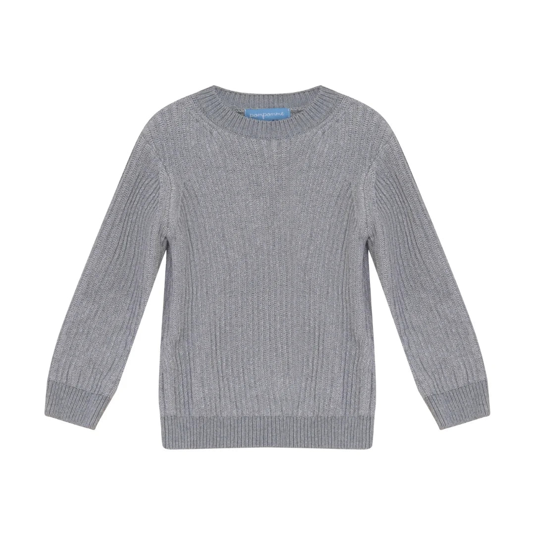 A front view of the Pompomme grey wool knit baby bermuda shorts set.