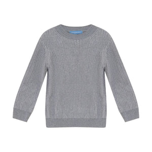 A front view of the Pompomme grey wool knit baby bermuda shorts set.