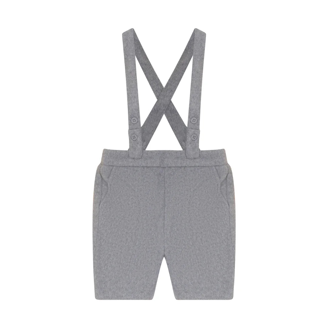 A front view of the Pompomme grey wool knit baby bermuda shorts set.