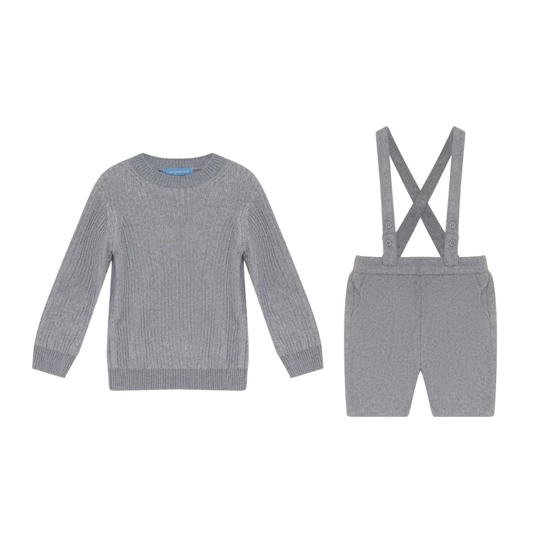 A front view of the Pompomme grey wool knit baby bermuda shorts set.