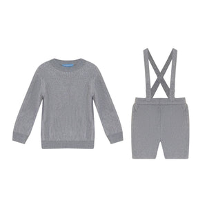 A front view of the Pompomme grey wool knit baby bermuda shorts set.