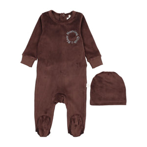 A front view of the Pouf brown velour baby footie with signature logo embroidery.