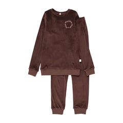 A front view of the Pouf brown velour pajama set with pink logo embroidery.